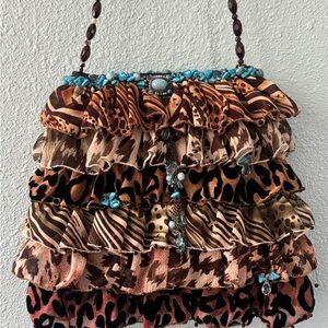 *Vintage* EUC Mary Frances Handbag - Ruffles with animal print and turquoise
